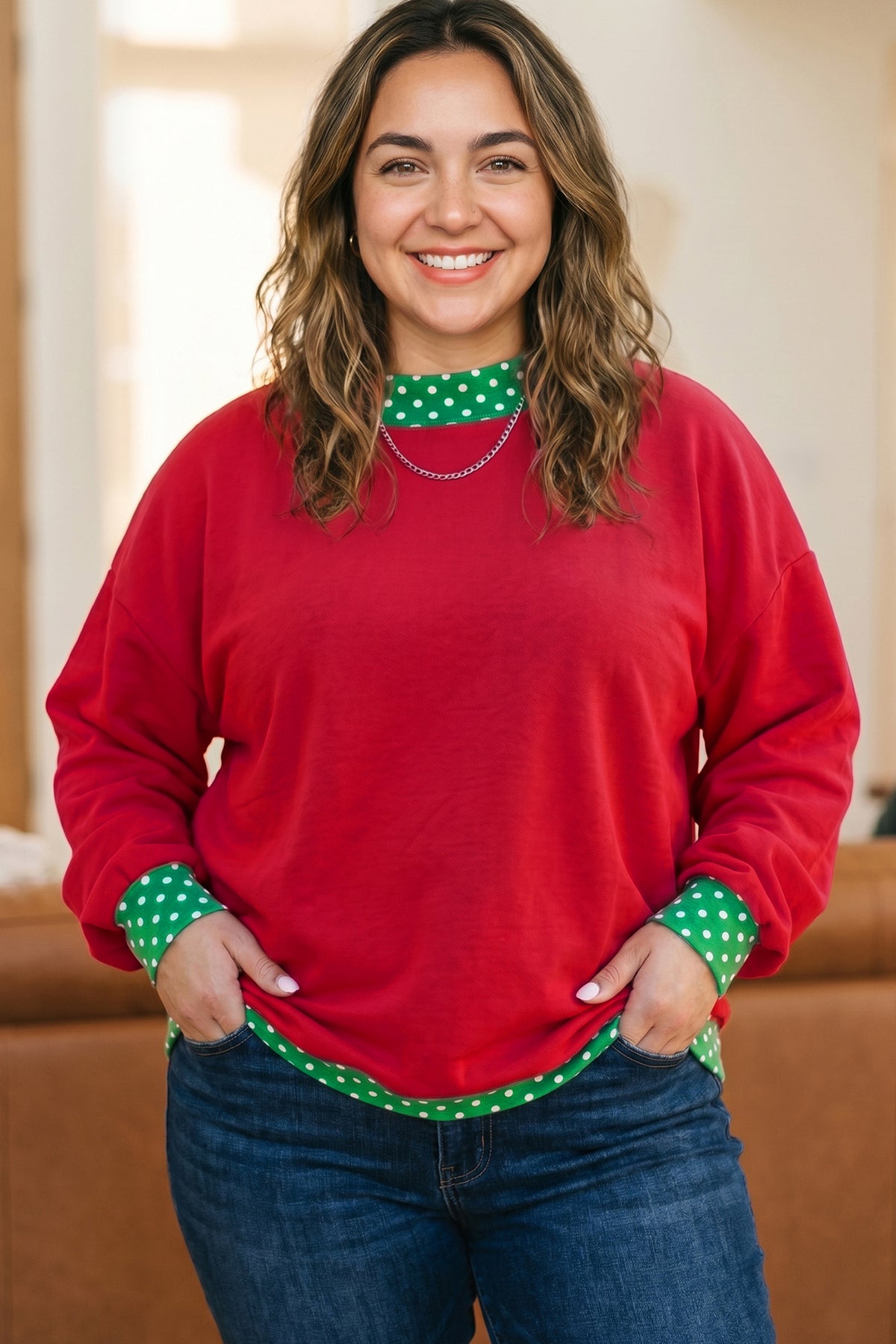 Tillandsia Purple Polka Dot Patchwork Round Neck Plus Size Sweatshirt - Plus Size/Plus Size Sweatshirts & Hoodies