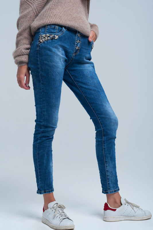 Blue boyfriend jeans with pearls - Denim