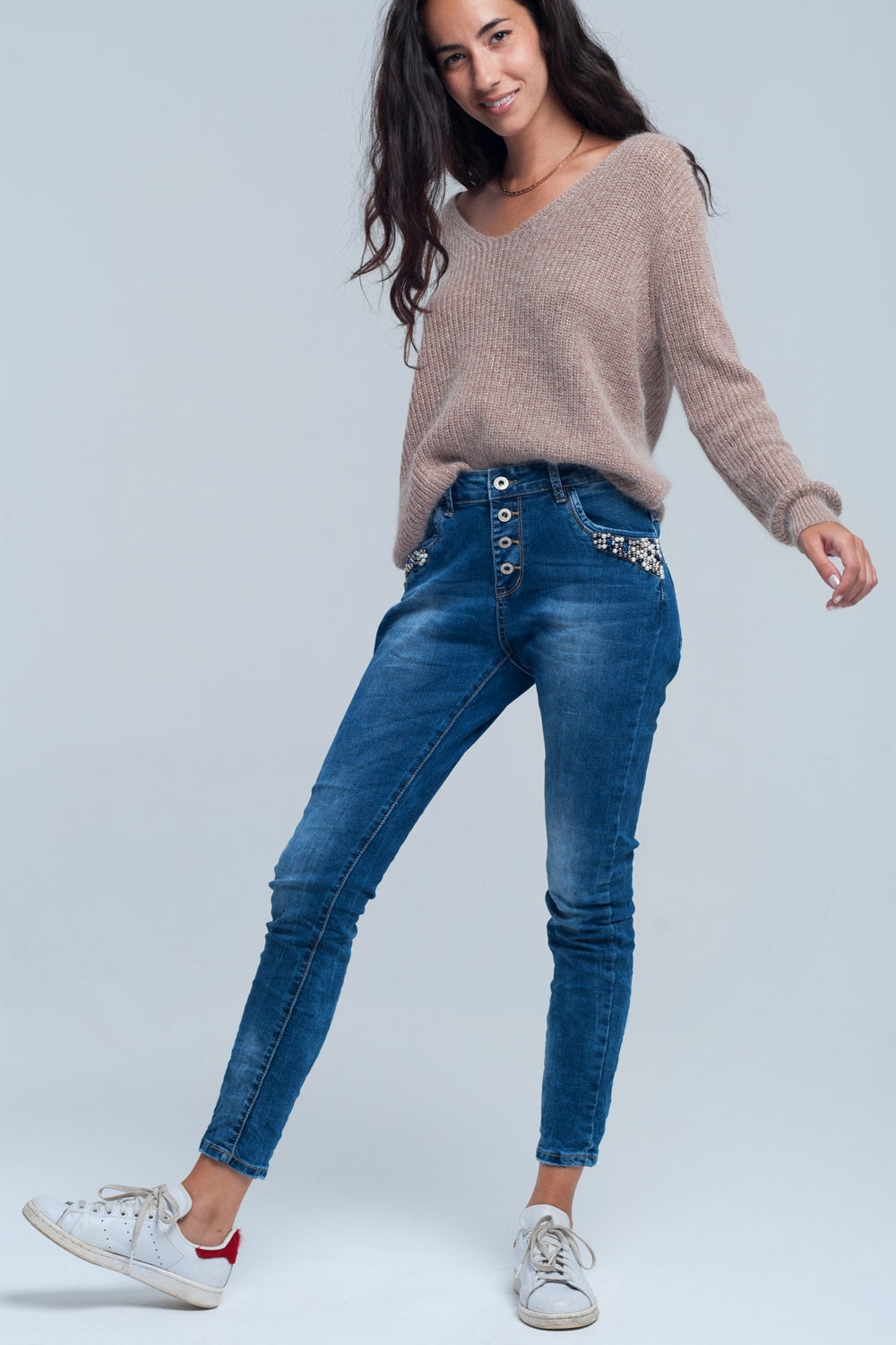 Blue boyfriend jeans with pearls - Denim