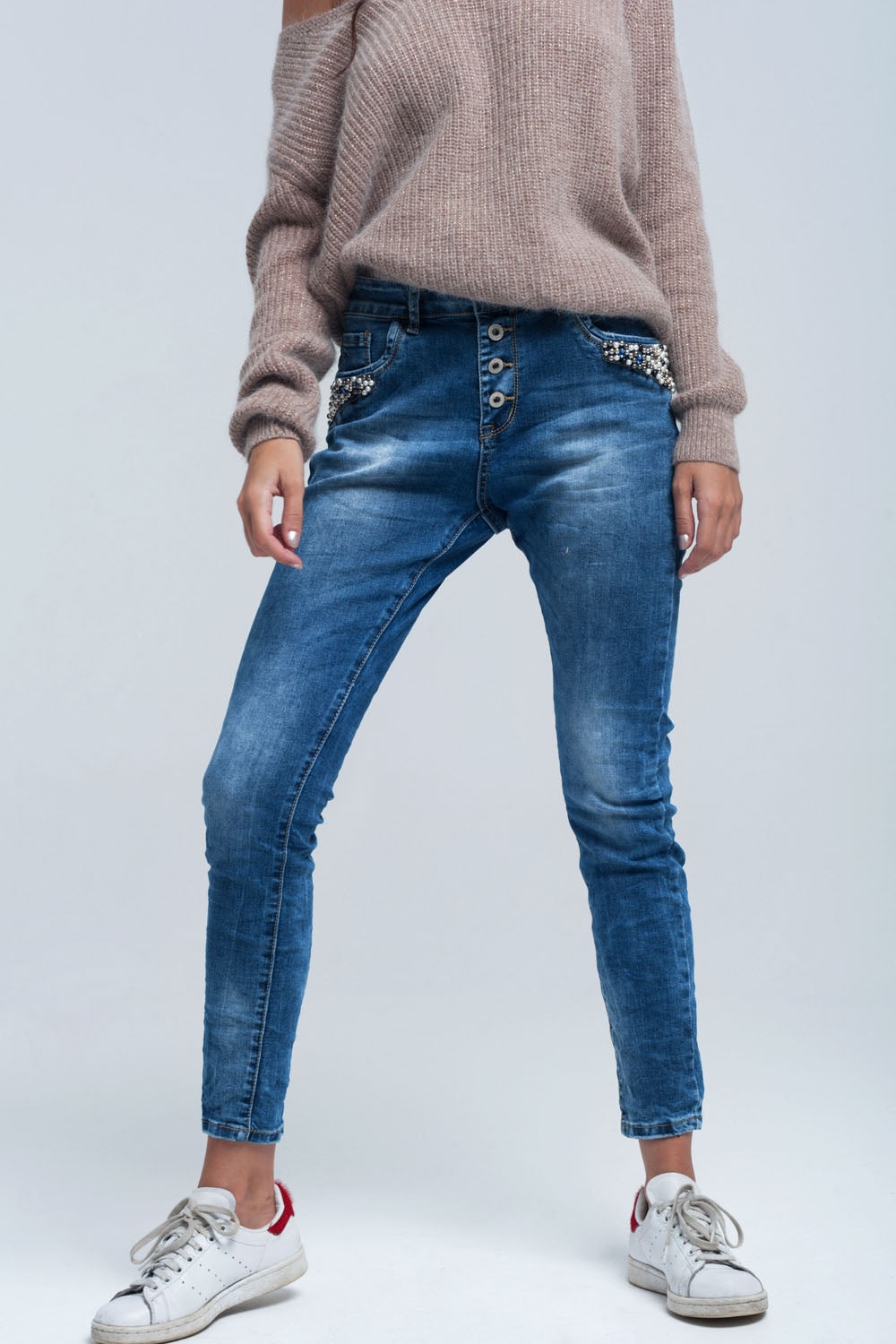 Blue boyfriend jeans with pearls - Denim