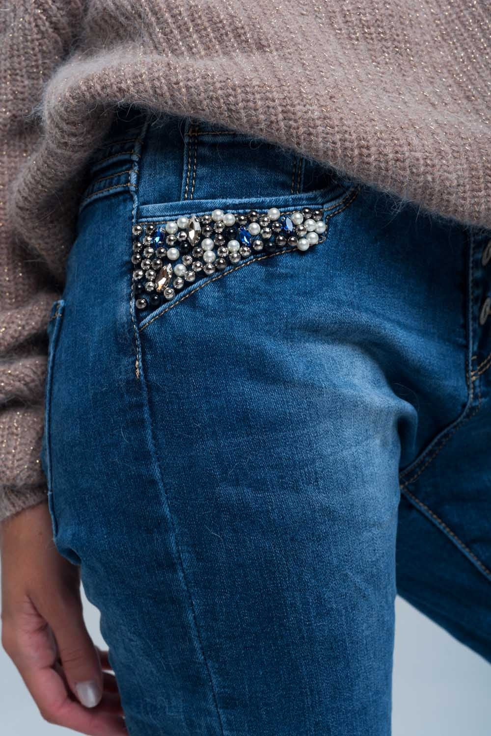 Blue boyfriend jeans with pearls - Denim