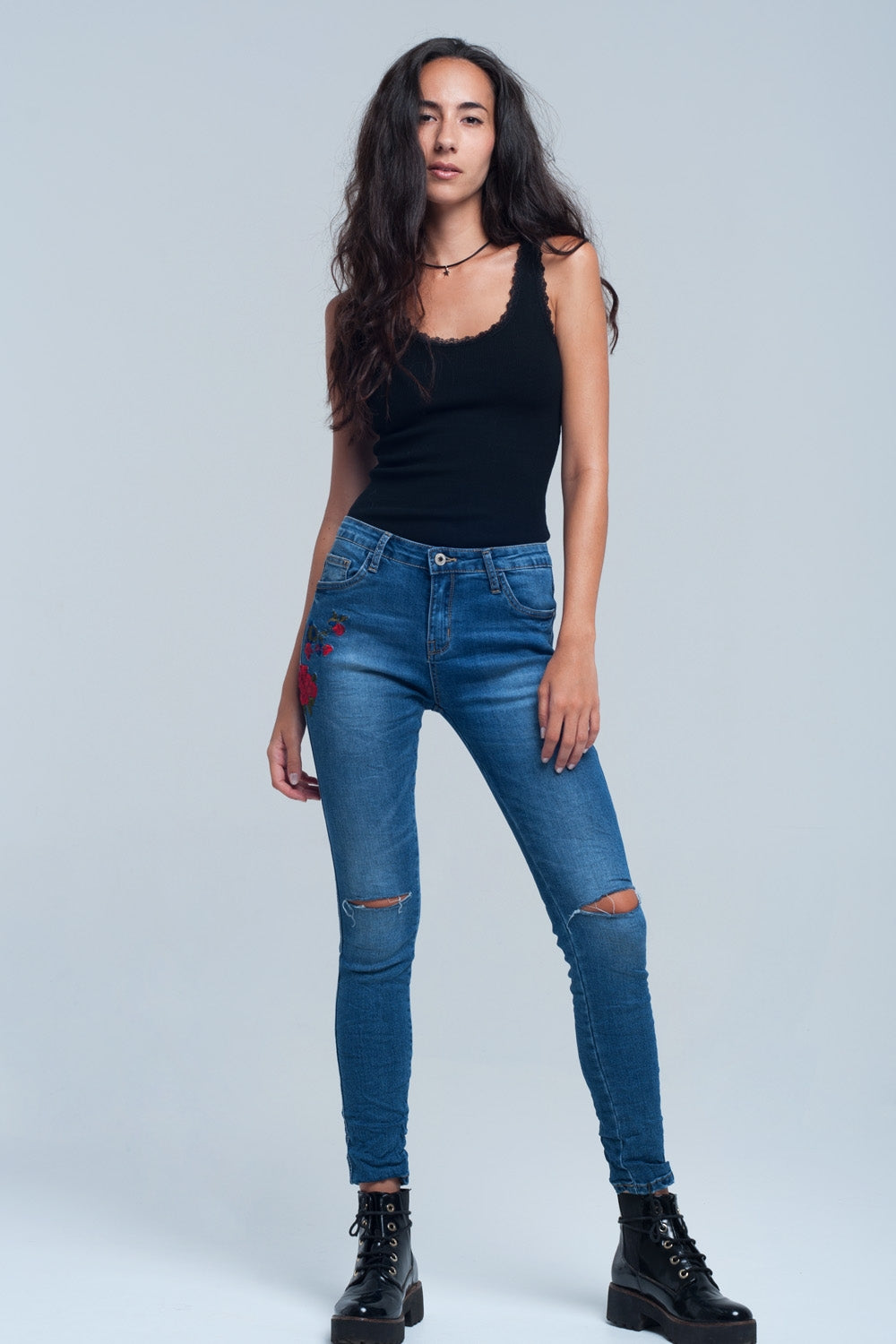 Skinny jean embroidered detail - Denim