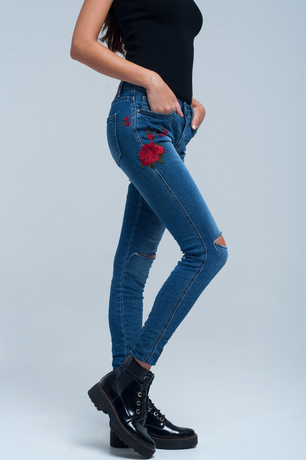 Skinny jean embroidered detail - Denim