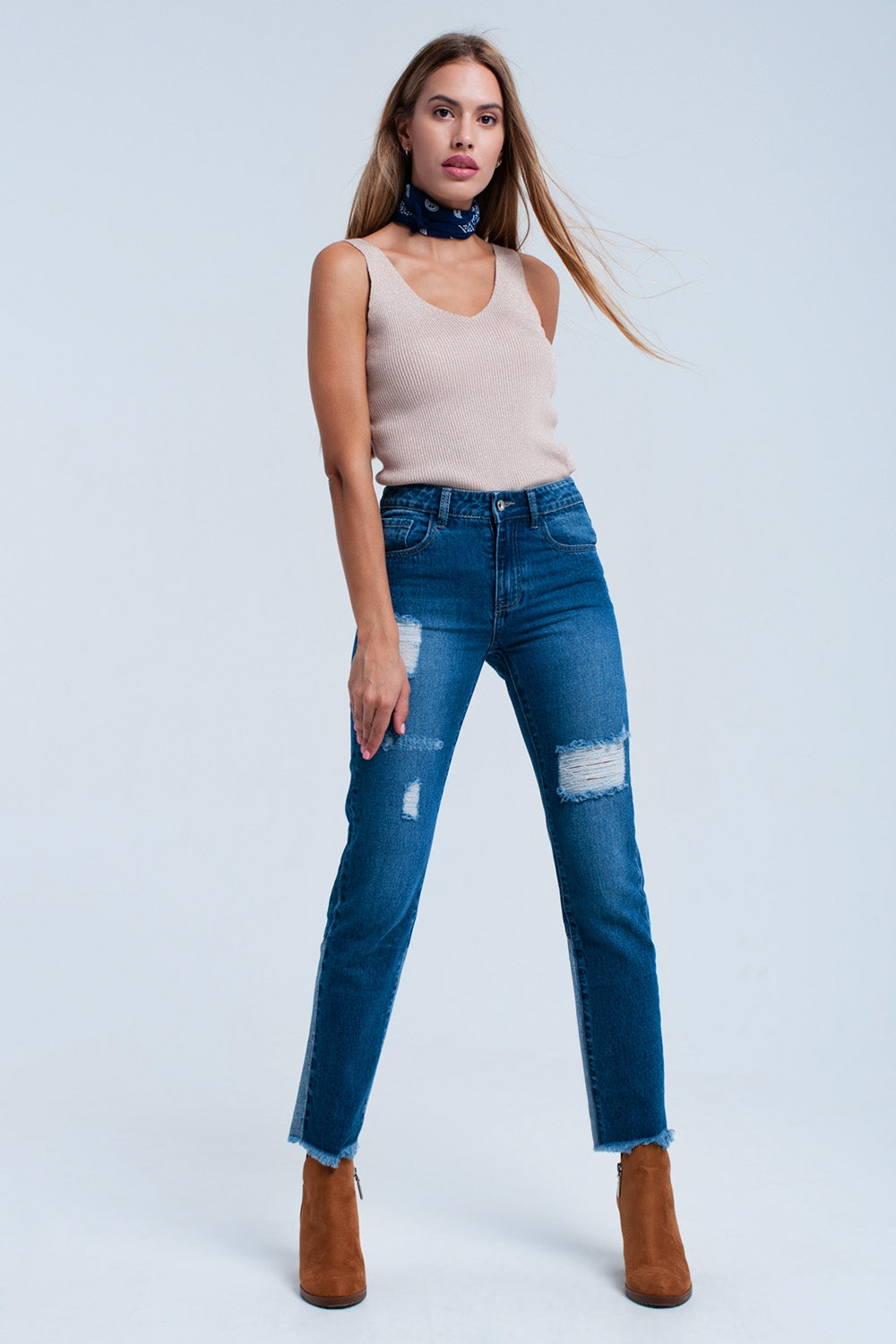 Worn straight jeans