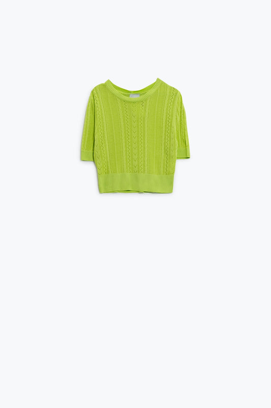 3/4 sleeves green knit sweater with zig zag stripes details - Jumpers