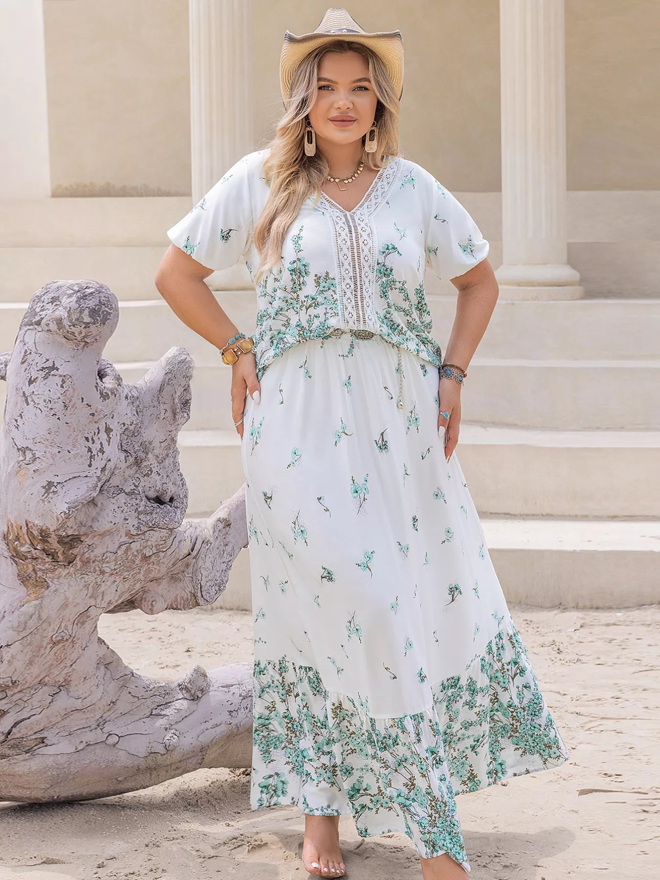 Plus Size Printed Lace Detail Short Sleeve Top and Skirt Set - Outfit Sets