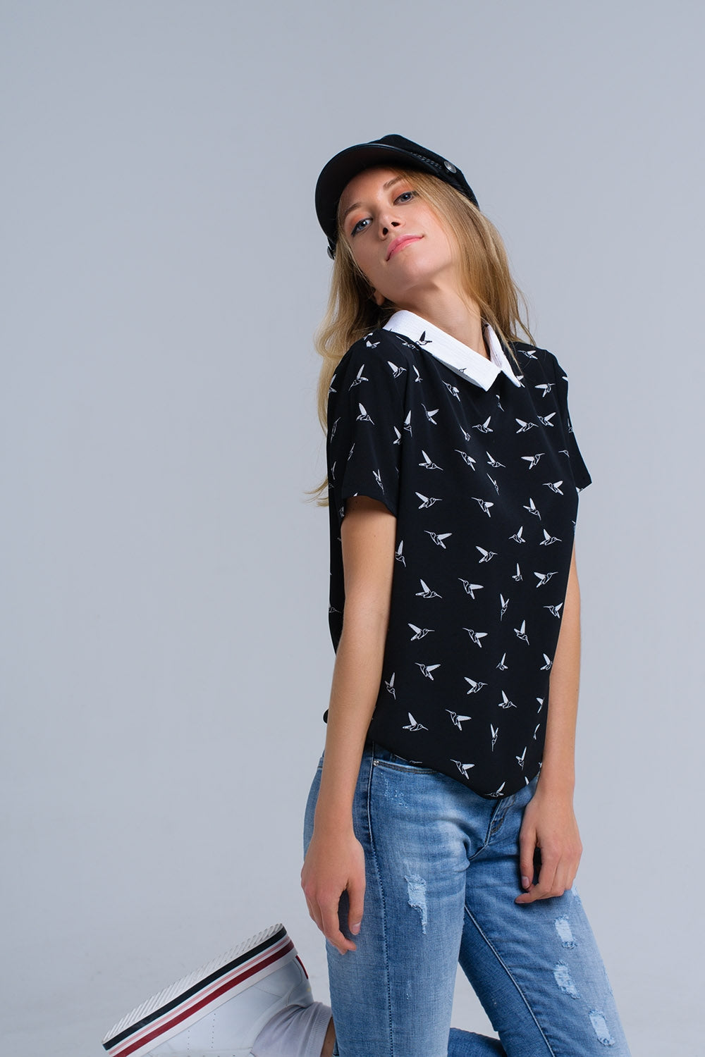 Black shirt with white printed birds - Shirts, top