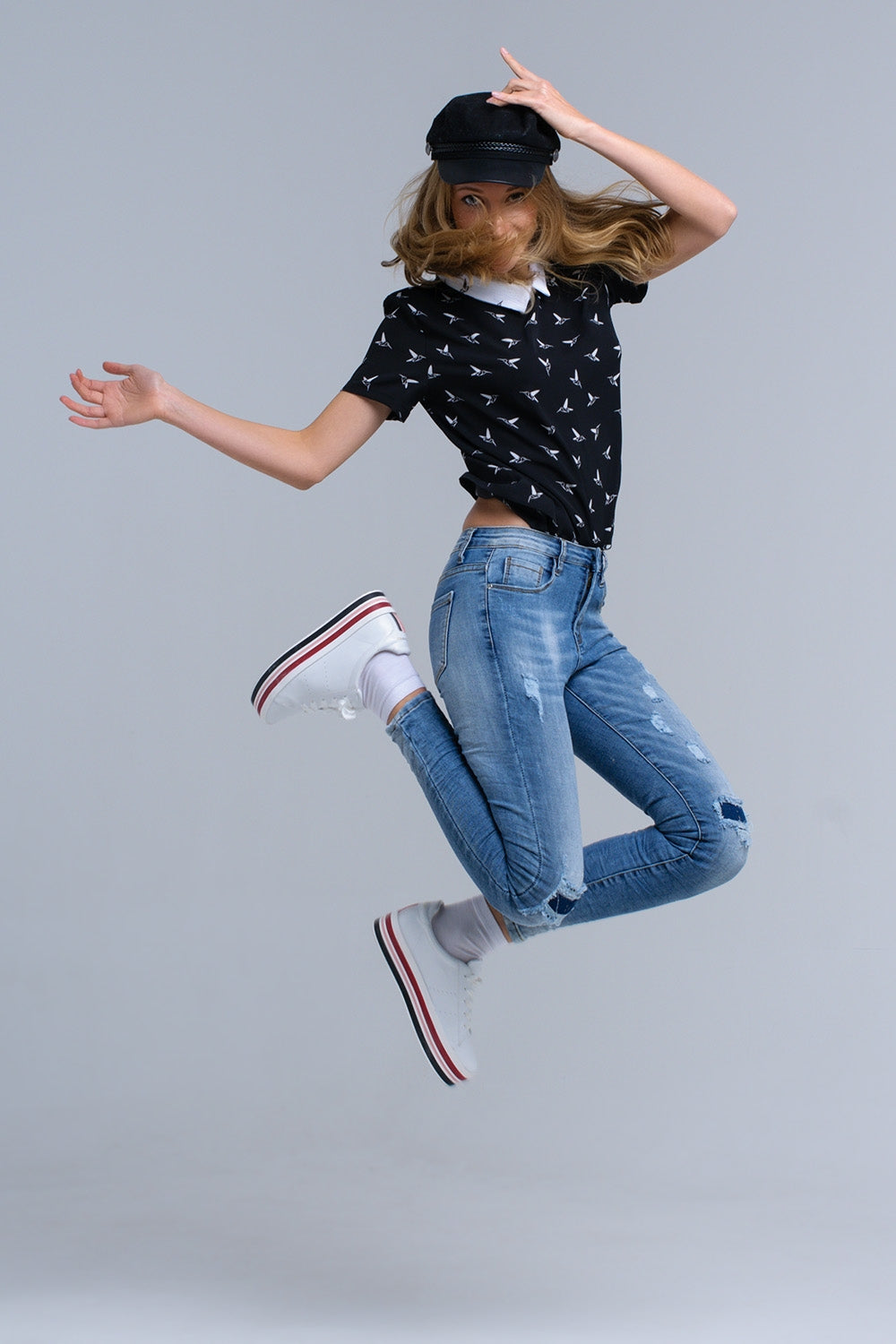 Black shirt with white printed birds - Shirts, top