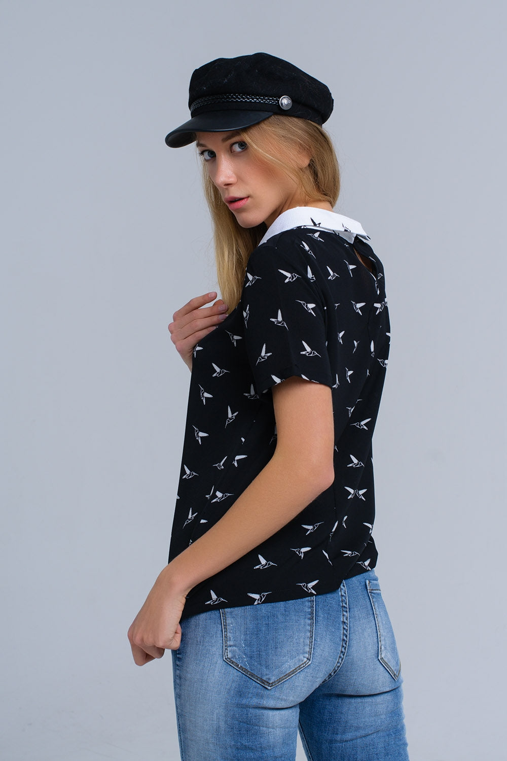 Black shirt with white printed birds - Shirts, top