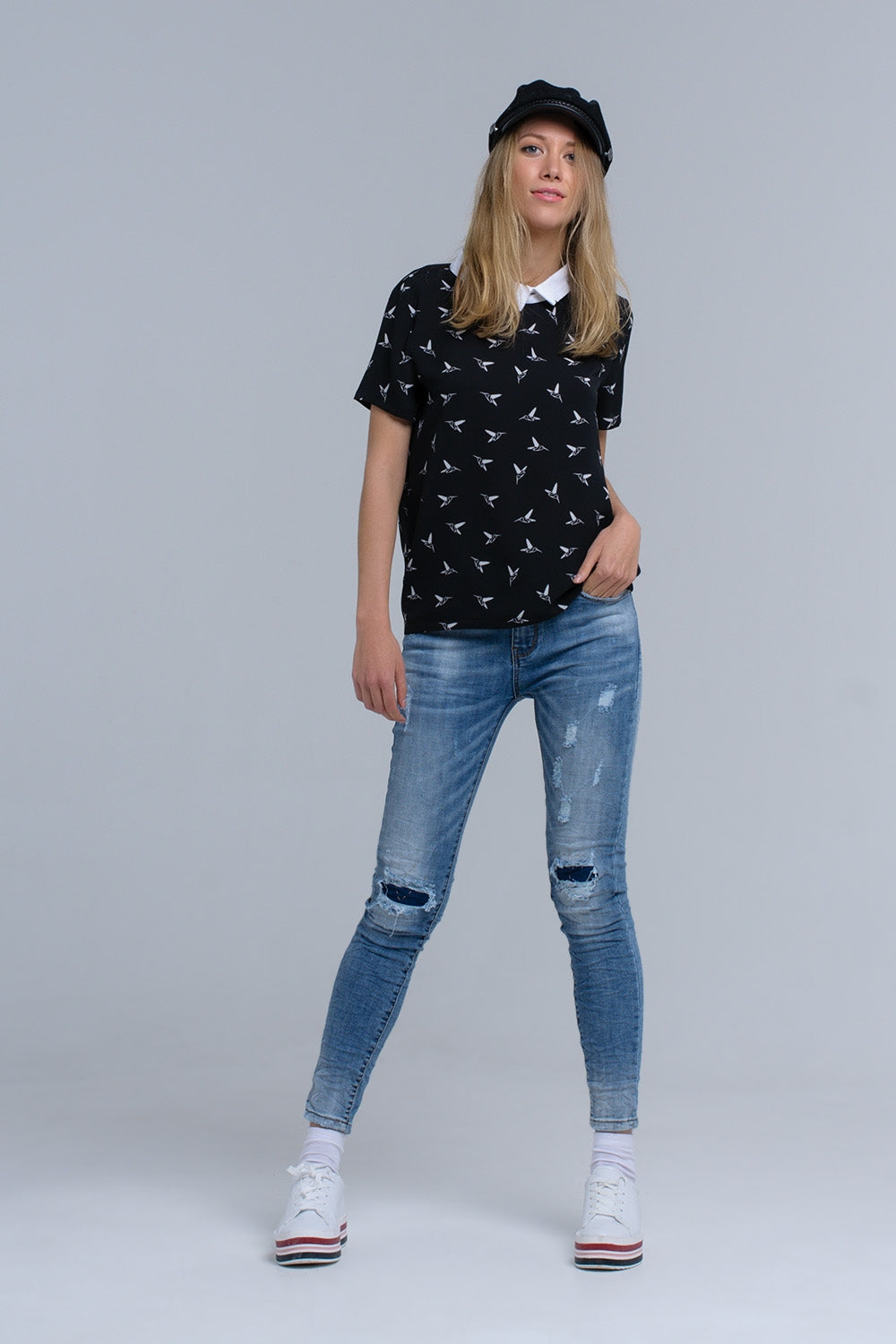 Black shirt with white printed birds - Shirts, top