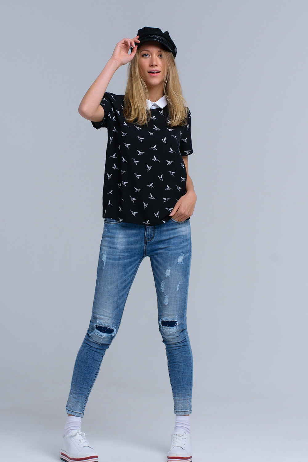 Black shirt with white printed birds - Shirts, top
