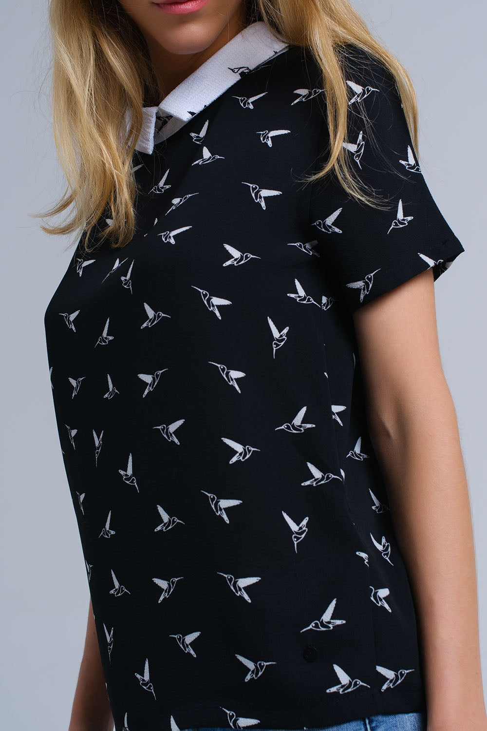 Black shirt with white printed birds - Shirts, top