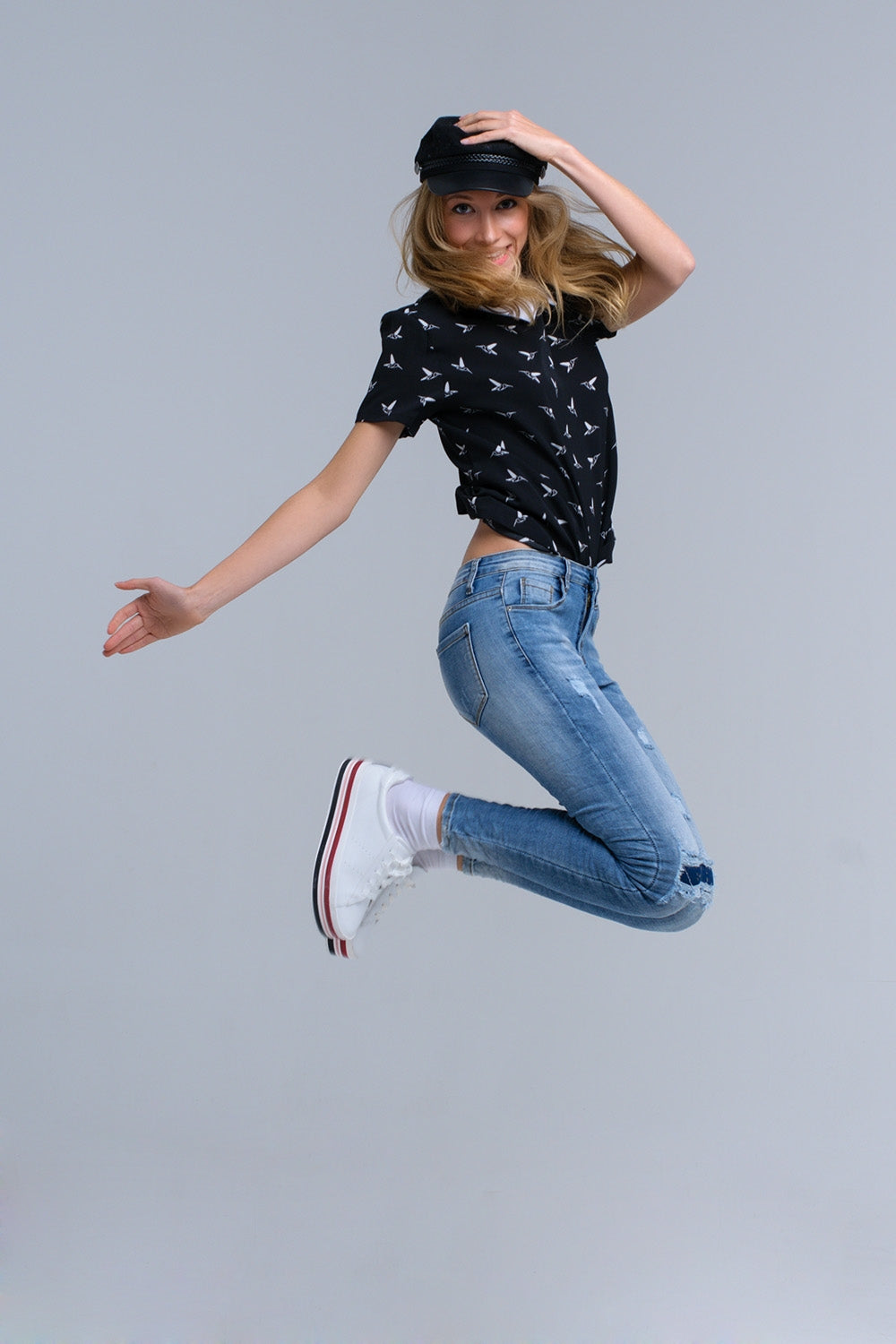 Black shirt with white printed birds - Shirts, top