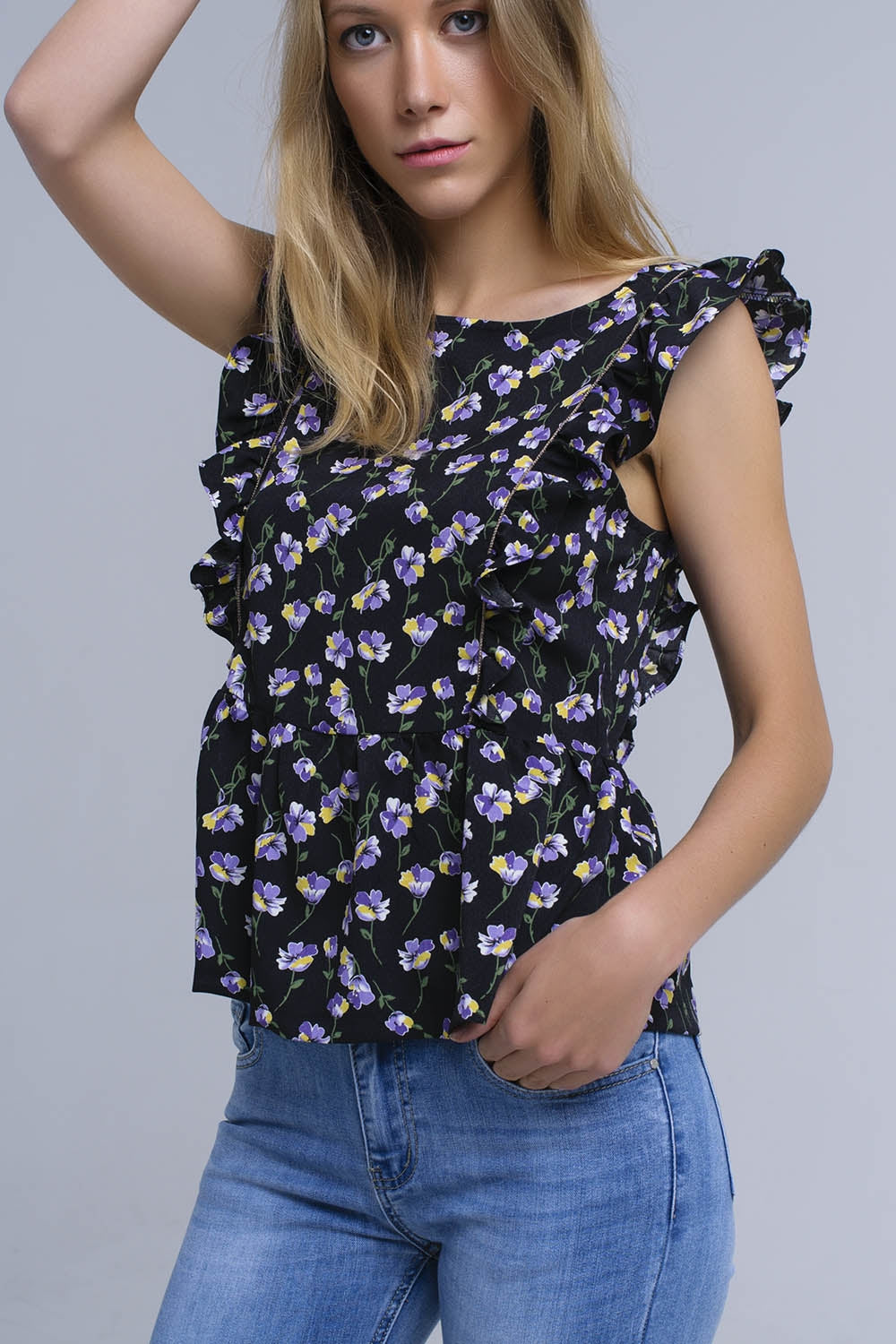 Black crossed back shirt with ruffles - Shirts, top