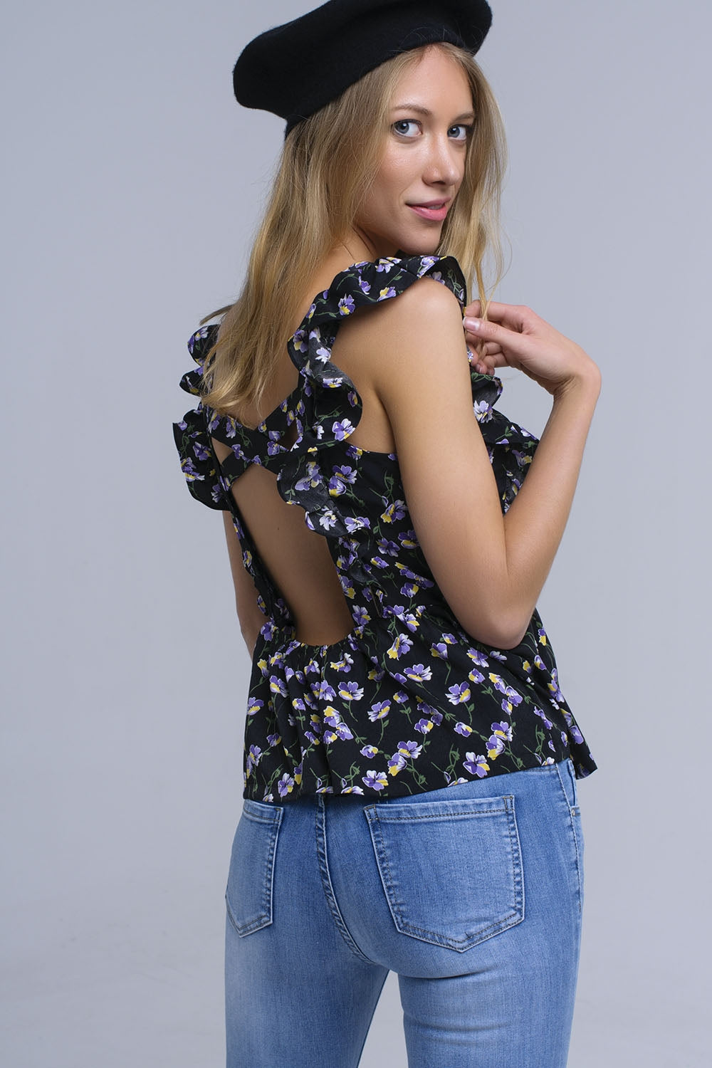 Black crossed back shirt with ruffles - Shirts, top