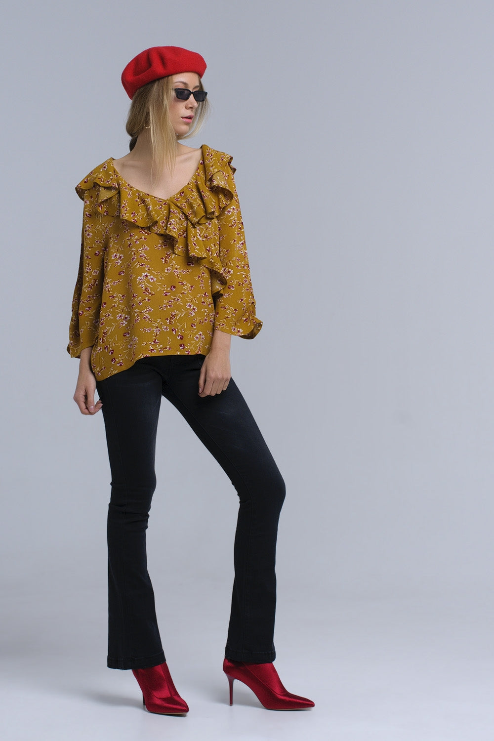 Shirt with crossed ruffles in mustard - Shirts