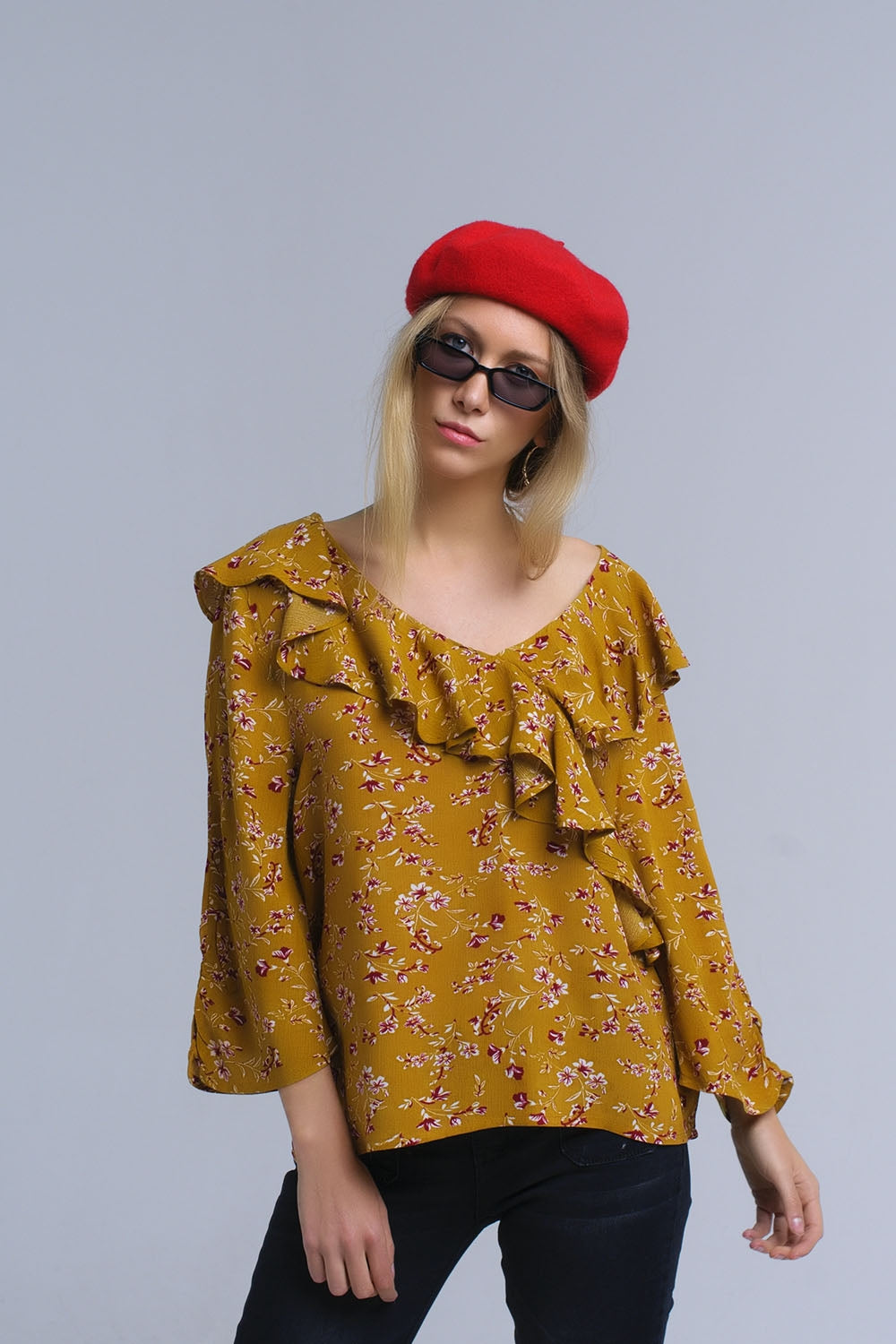 Shirt with crossed ruffles in mustard