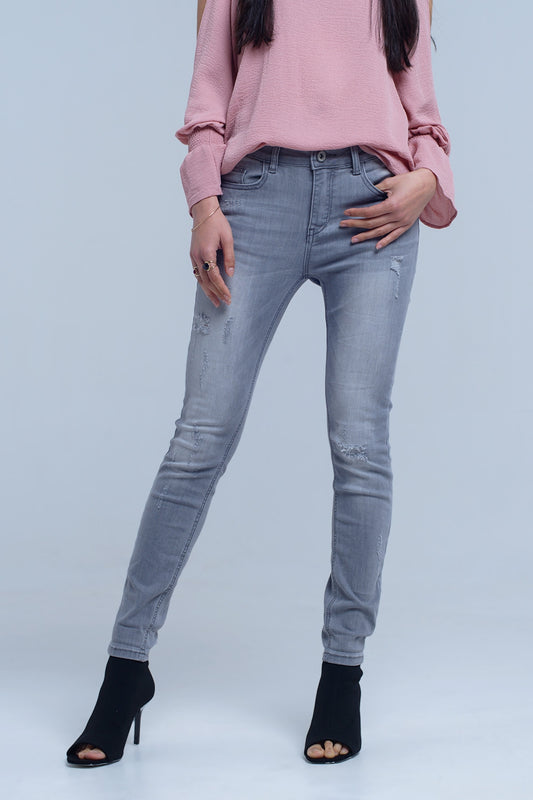 Gray jeans with rips detail - Denim