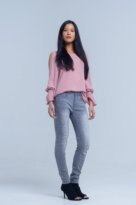 Gray jeans with rips detail - Denim