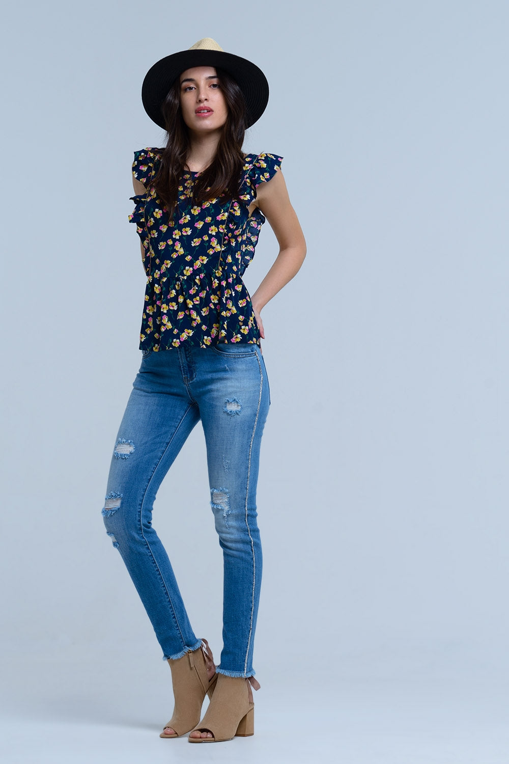 Navy crossed back shirt with ruffles - Shirts, top