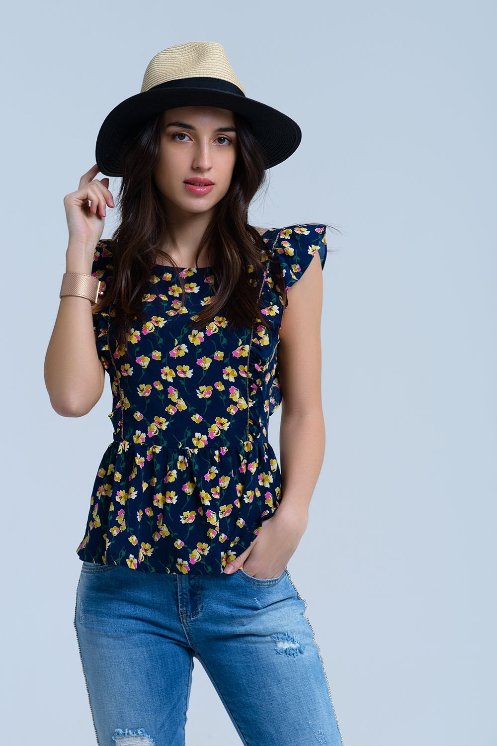 Navy crossed back shirt with ruffles - Shirts, top