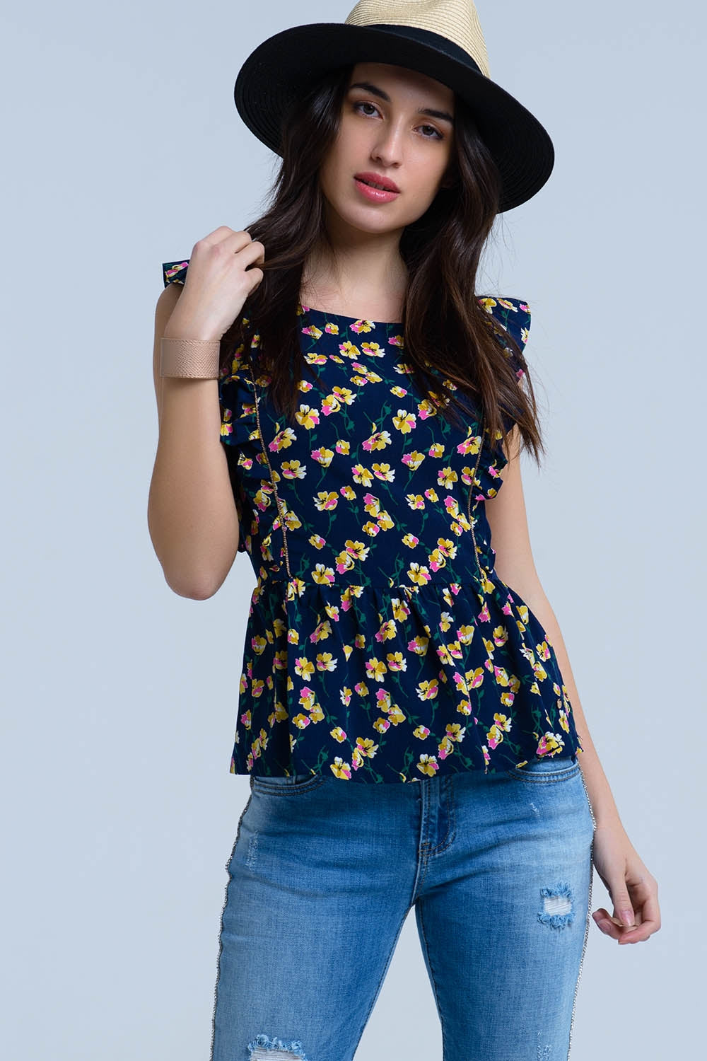 Navy crossed back shirt with ruffles - Shirts, top