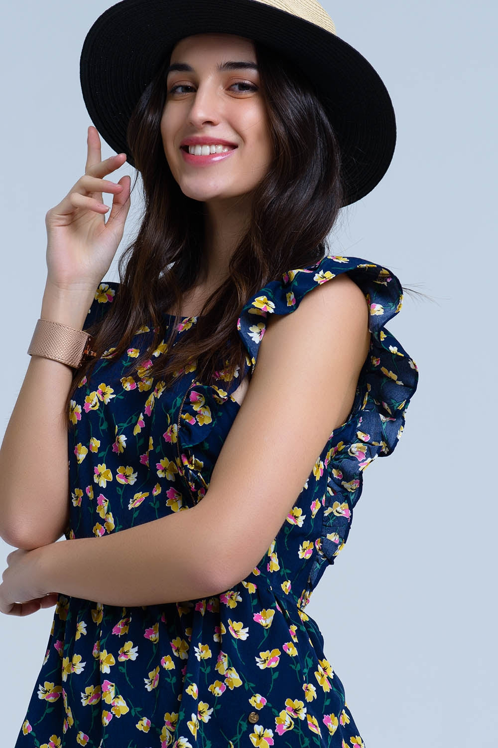 Navy crossed back shirt with ruffles - Shirts, top