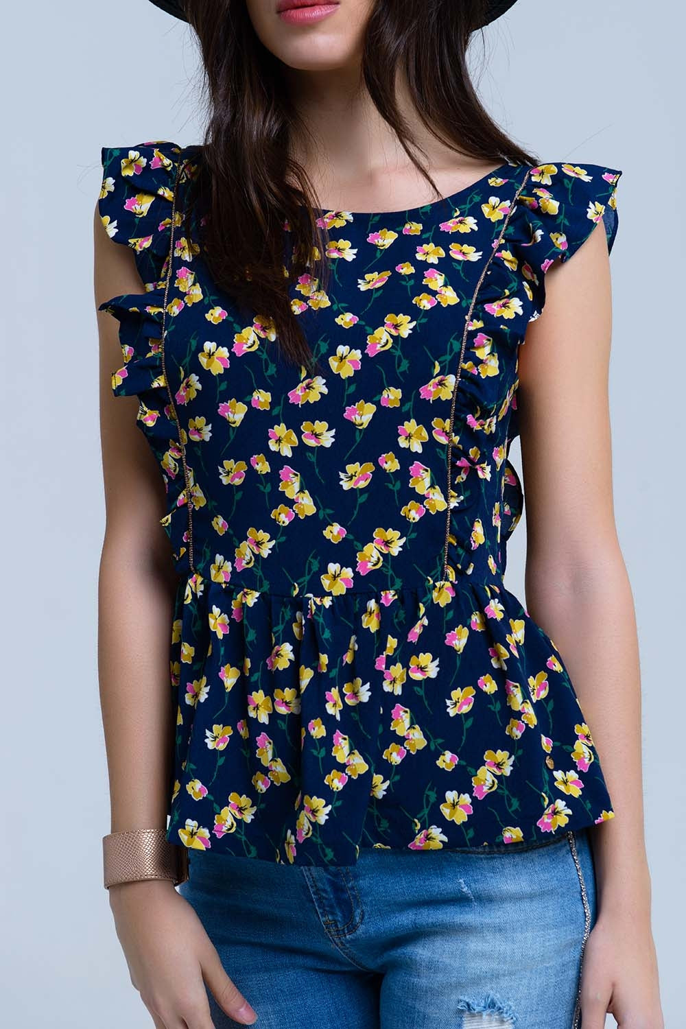 Navy crossed back shirt with ruffles - Shirts, top