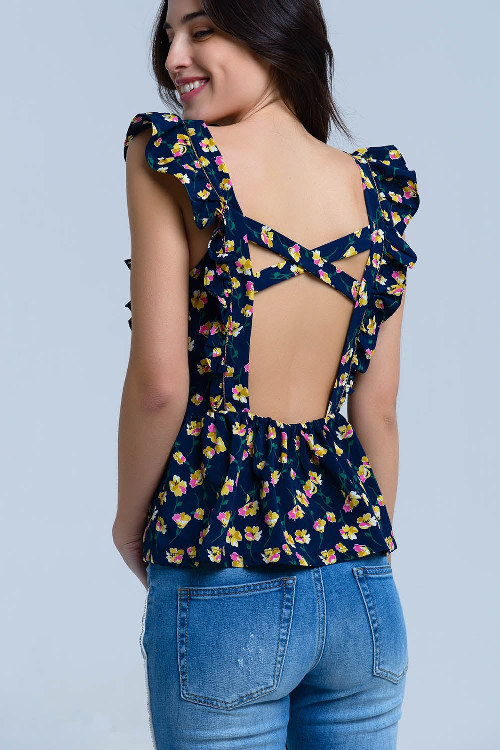 Navy crossed back shirt with ruffles - Shirts, top
