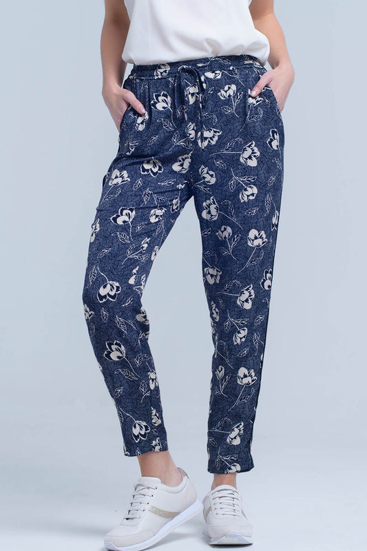 Navy blue pants with floral print - trousers