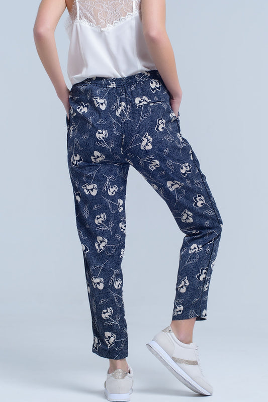 Navy blue pants with floral print - trousers