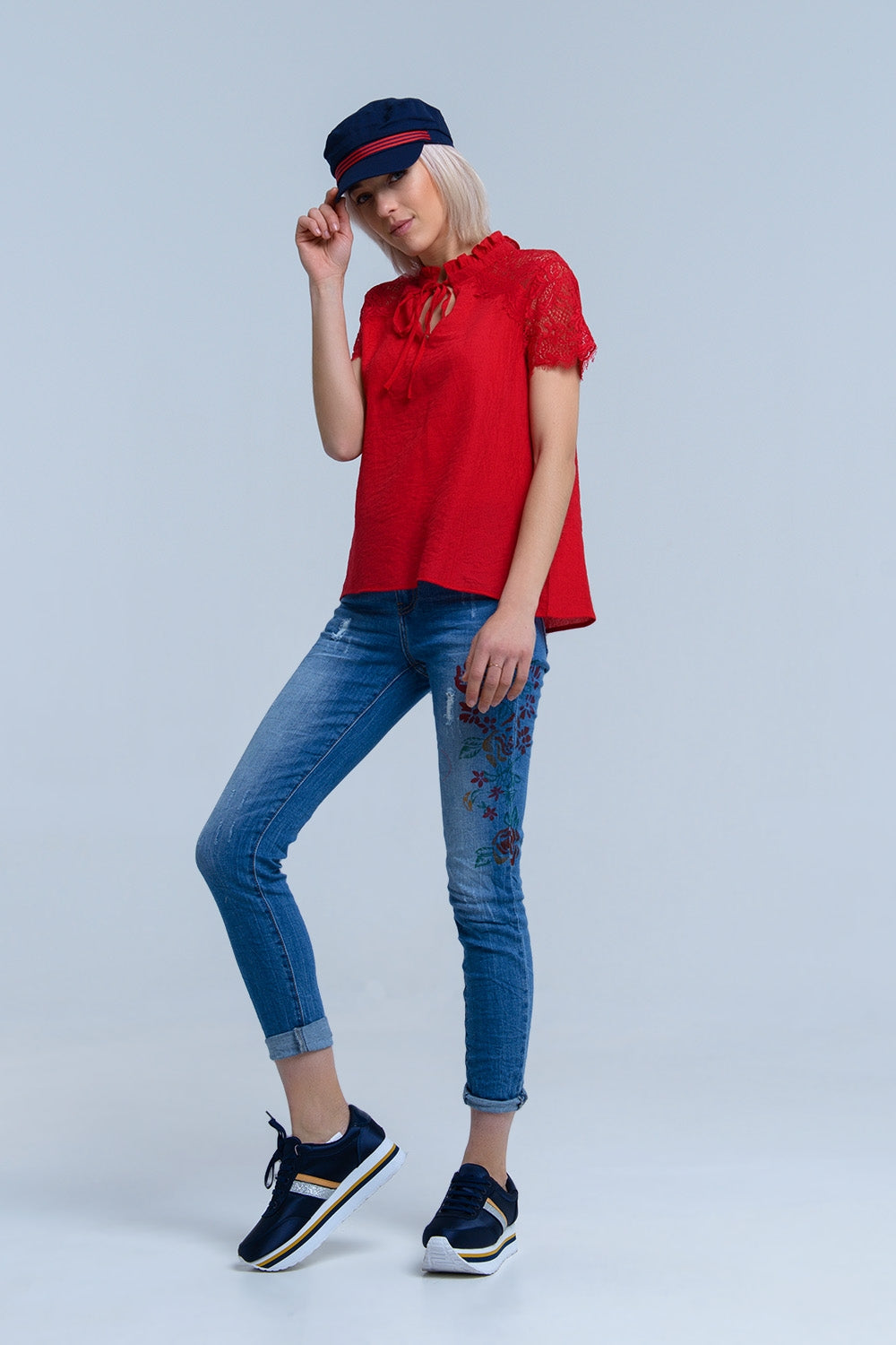 Skinny jeans with painted floral - Denim