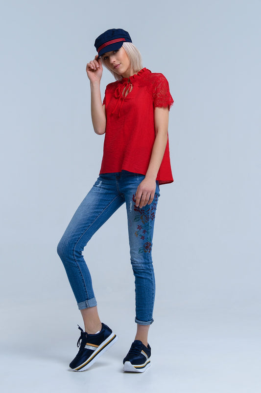 Skinny jeans with painted floral - Denim