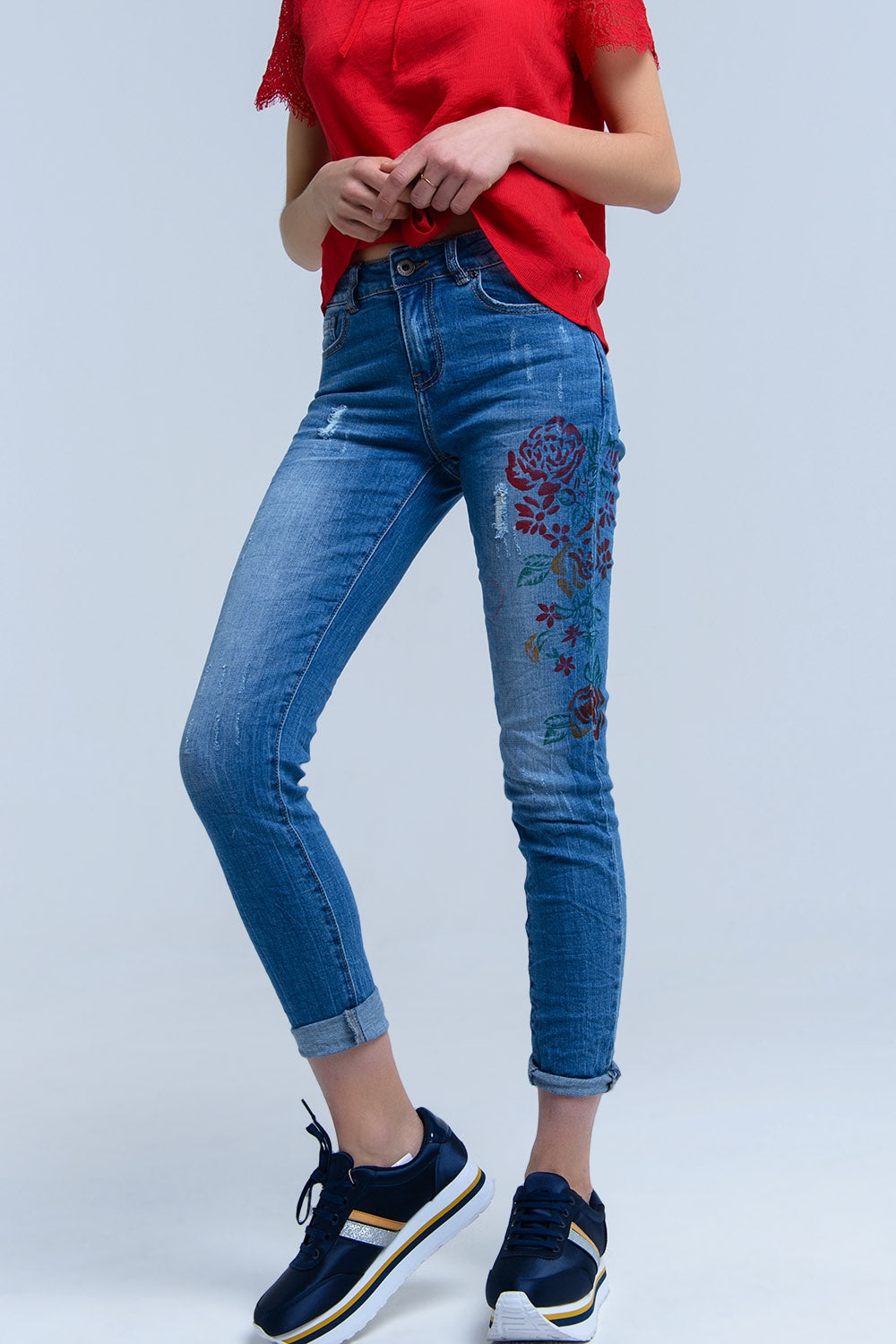 Skinny jeans with painted floral - Denim