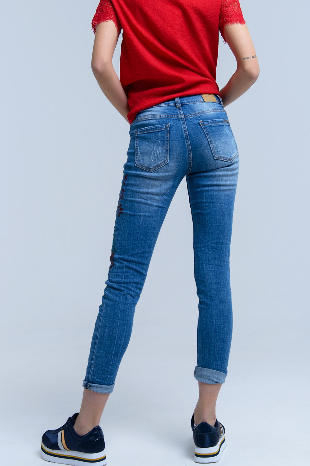 Skinny jeans with painted floral - Denim