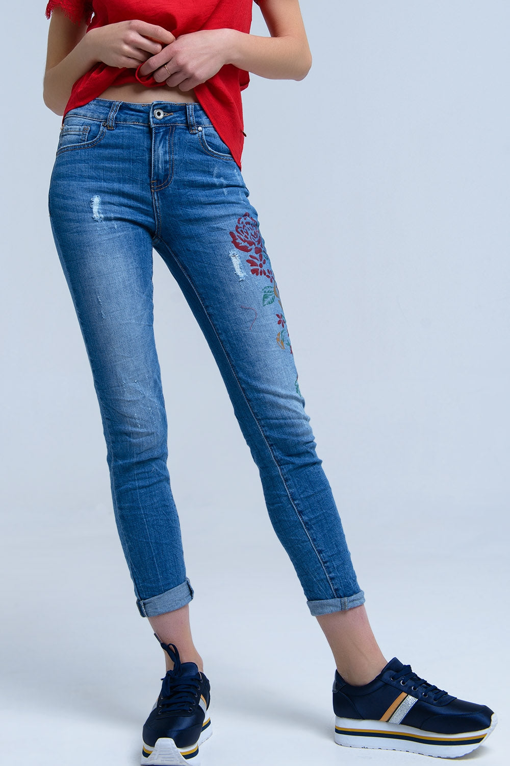 Skinny jeans with painted floral - Denim