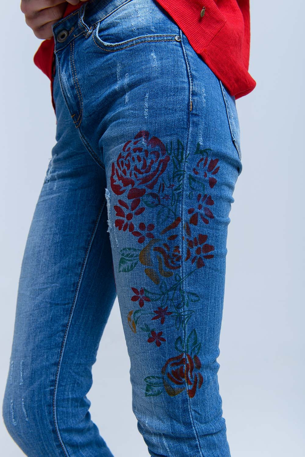 Skinny jeans with painted floral - Denim