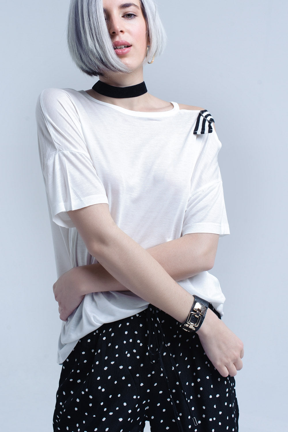 White t-shirt with one open shoulder - top