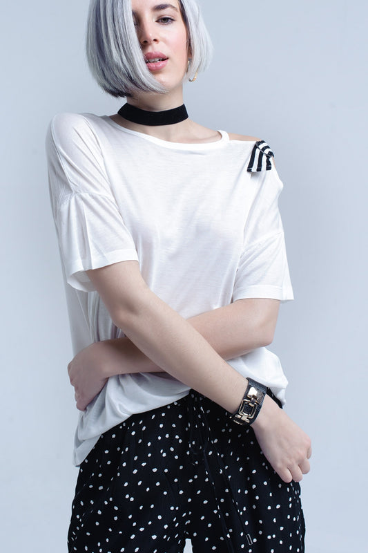 White t-shirt with one open shoulder - top