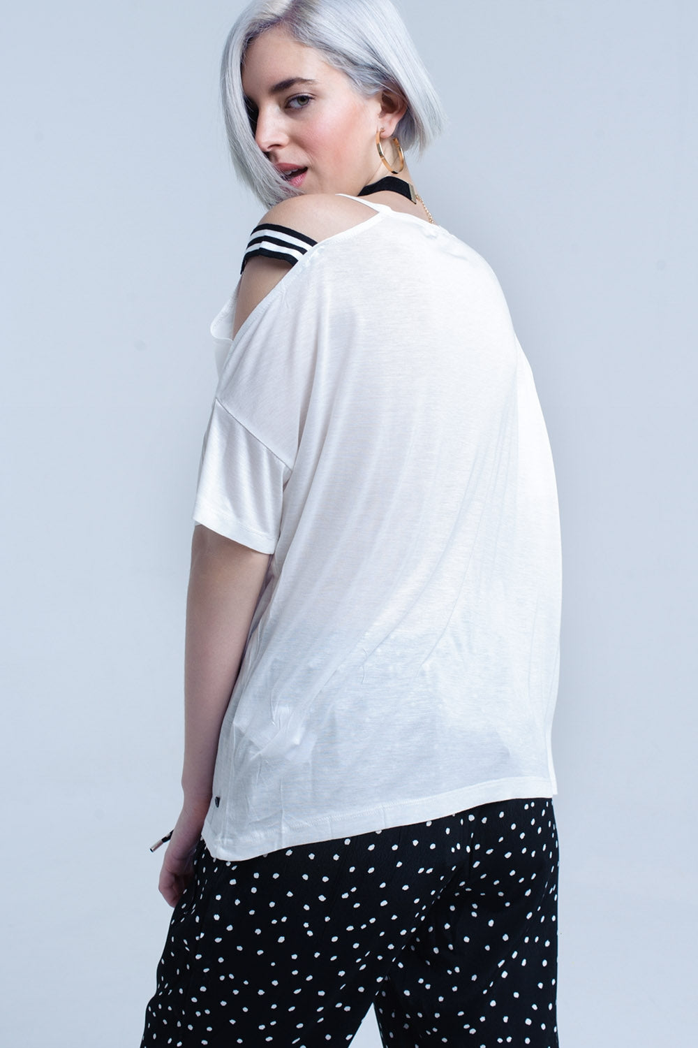 White t-shirt with one open shoulder - top