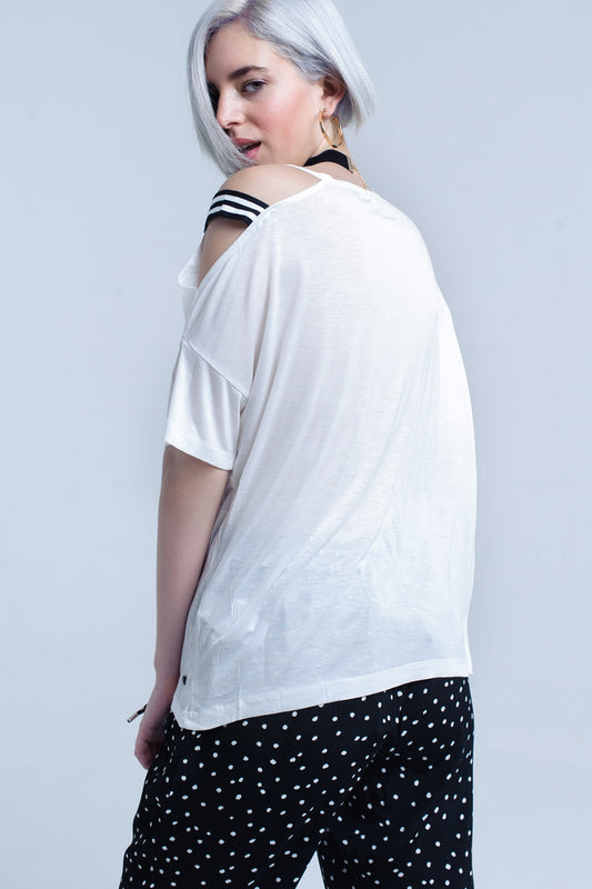 White t-shirt with one open shoulder - top