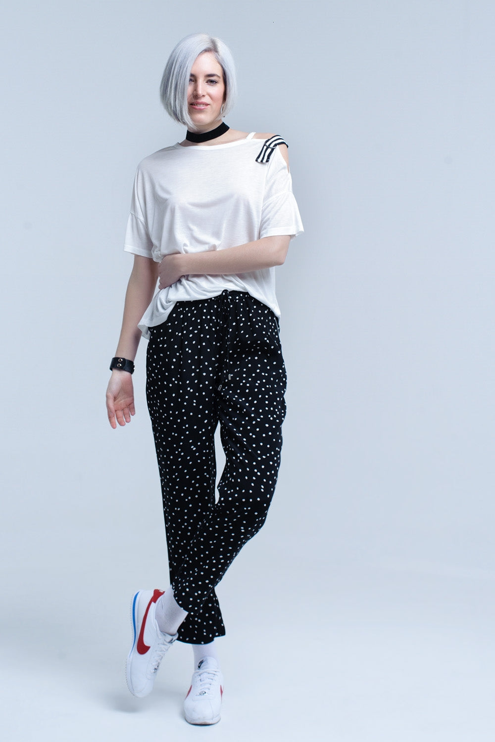 White t-shirt with one open shoulder - top