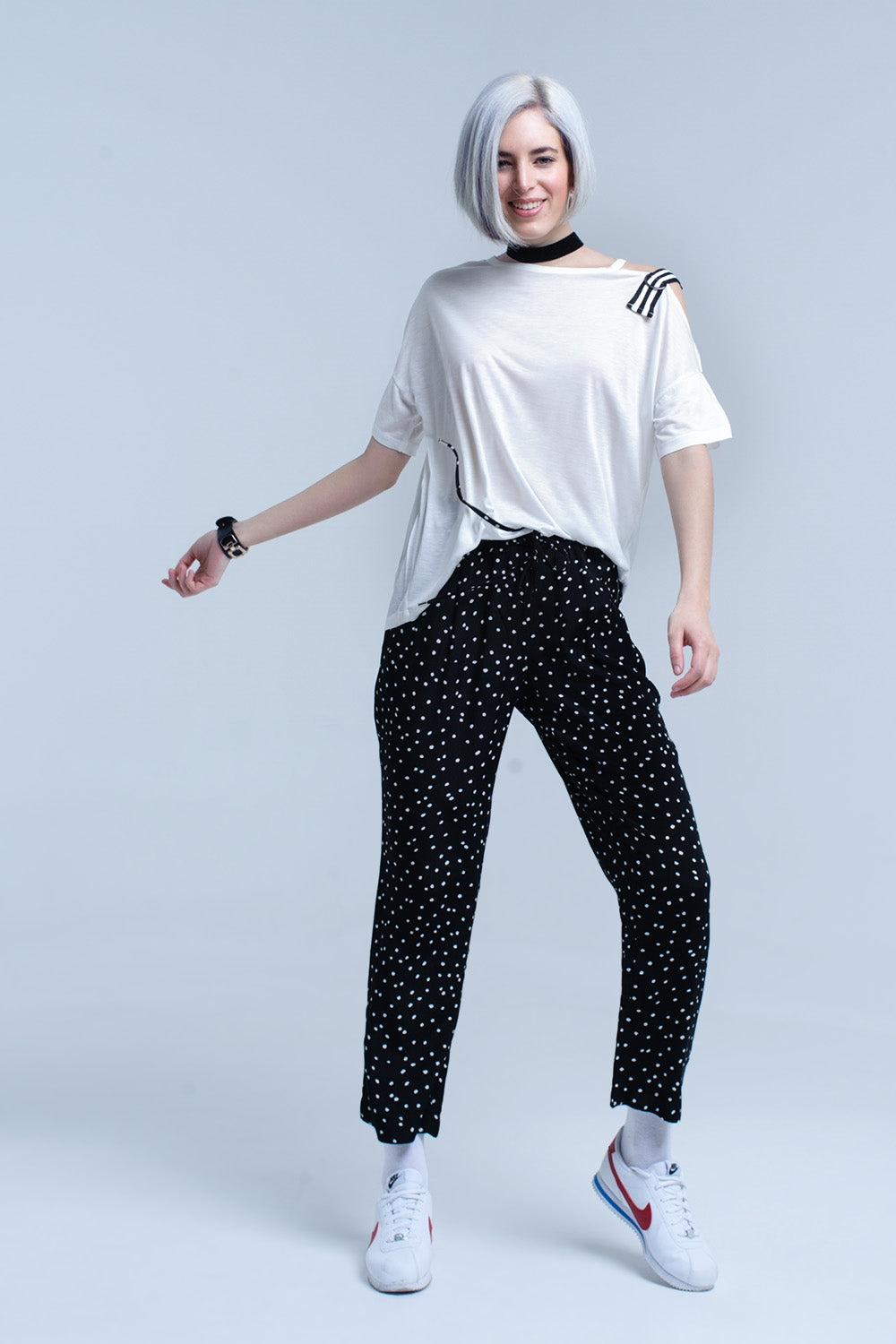 White t-shirt with one open shoulder - top
