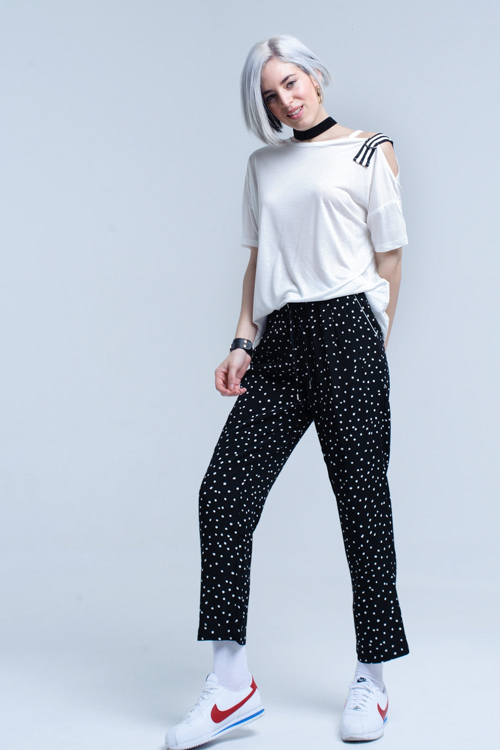White t-shirt with one open shoulder - top