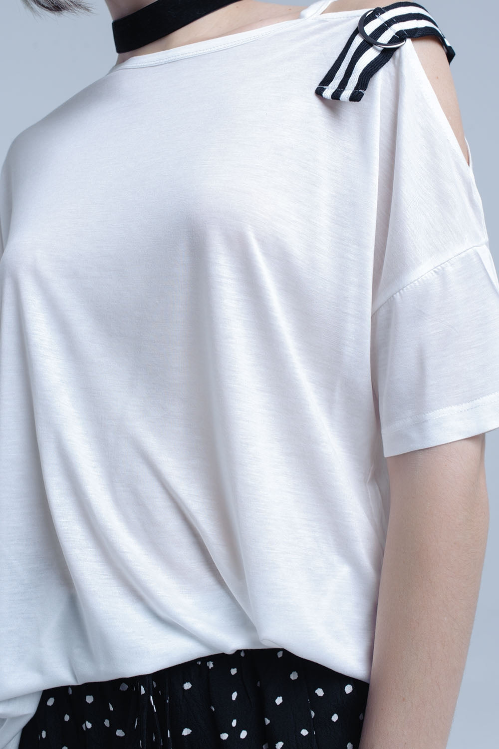 White t-shirt with one open shoulder - top