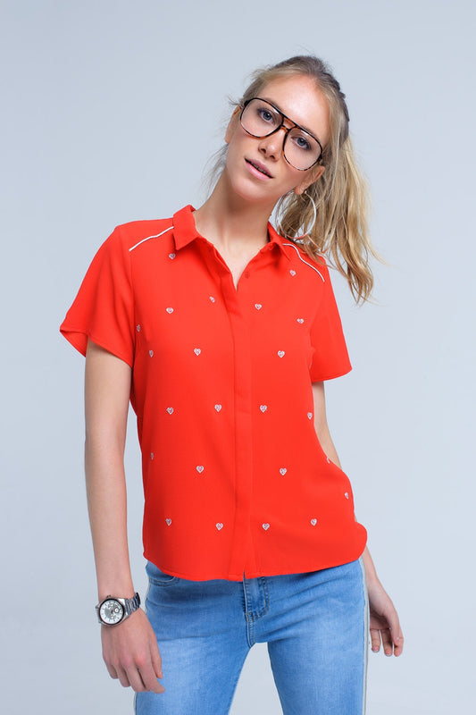 Red shirt with heart embroidery - Shirts