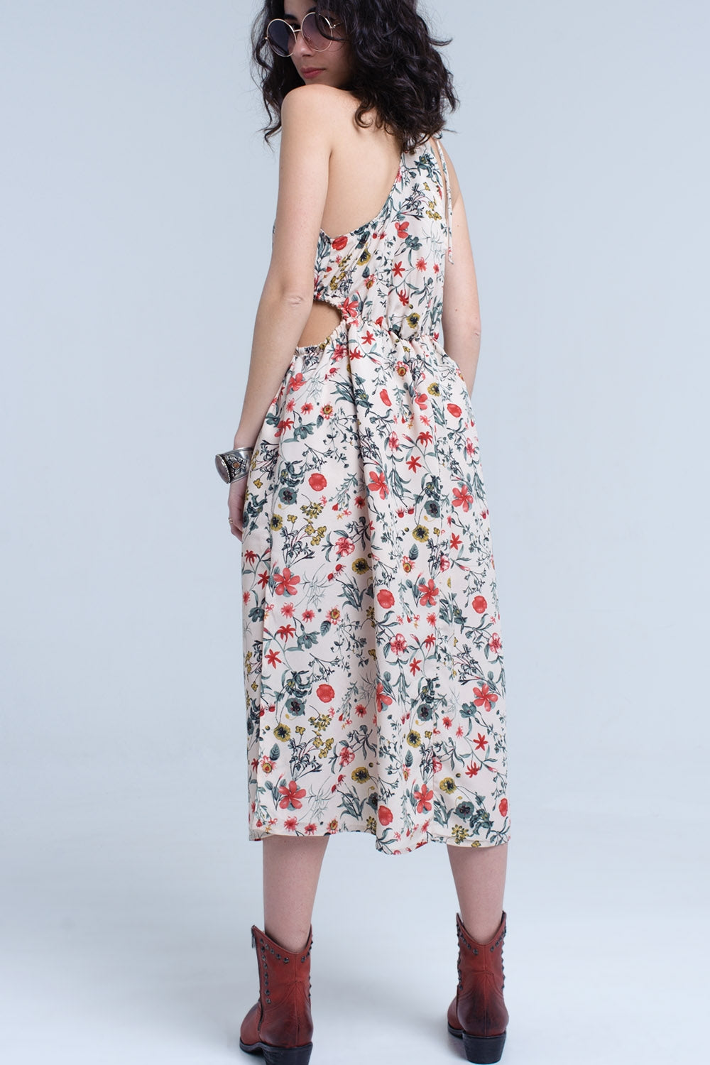 Beige floral high neck cut out midi dress - dress