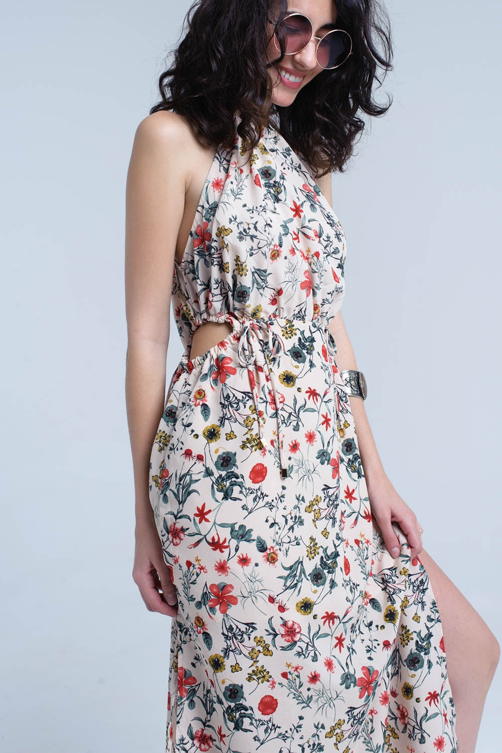 Beige floral high neck cut out midi dress - dress