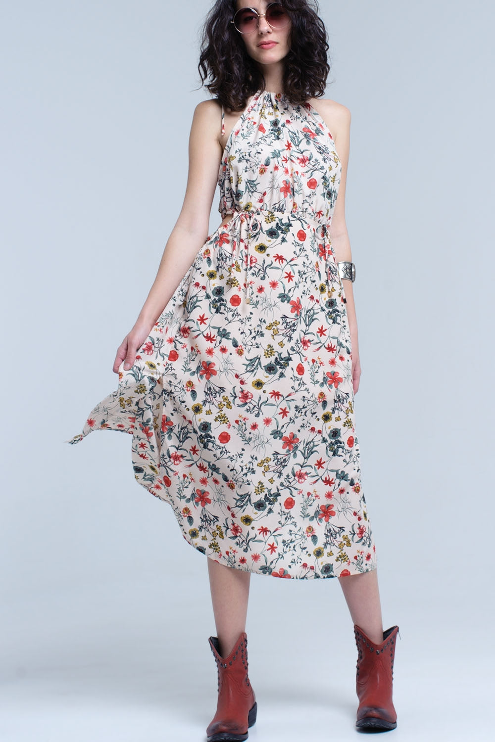 Beige floral high neck cut out midi dress - dress