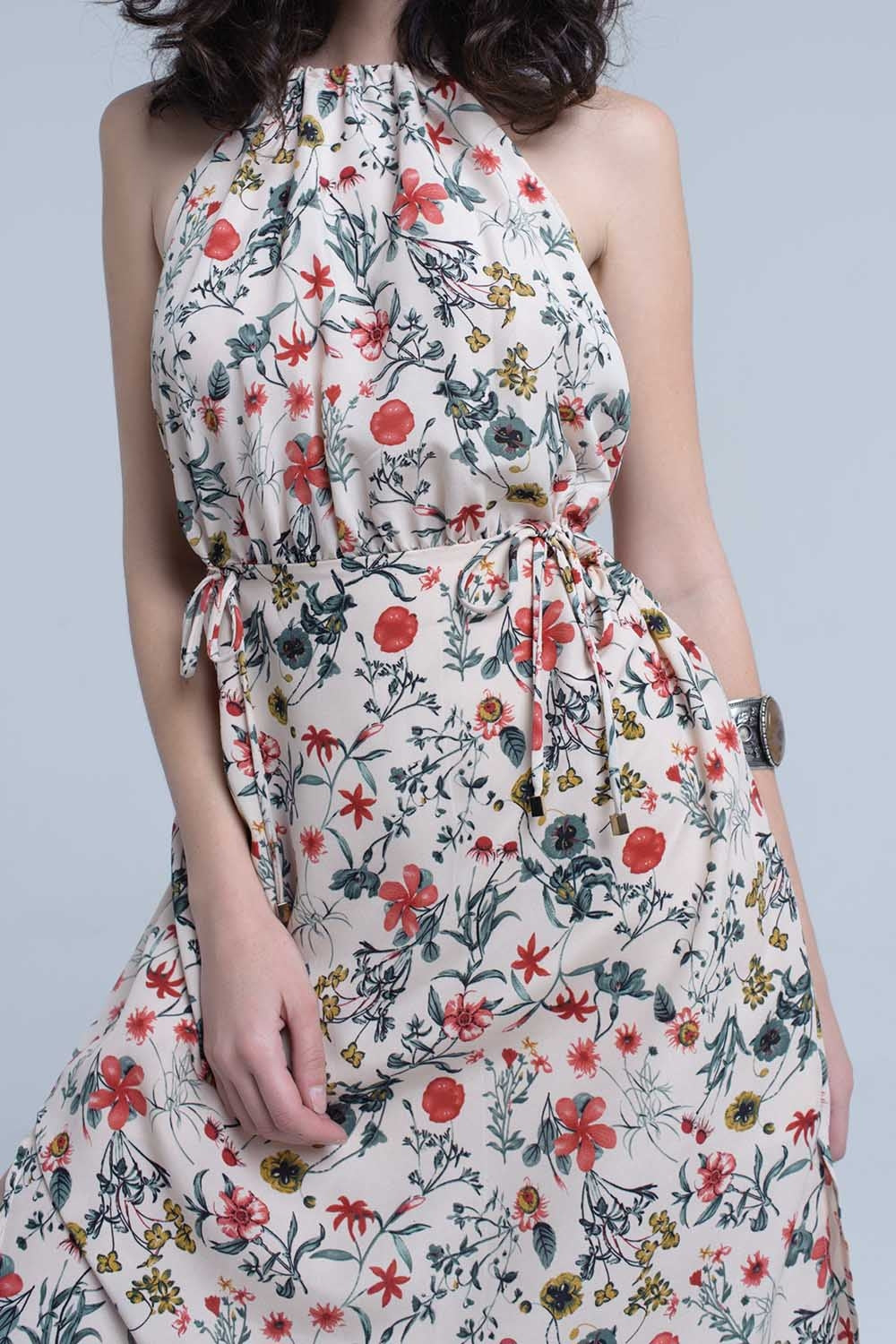 Beige floral high neck cut out midi dress - dress